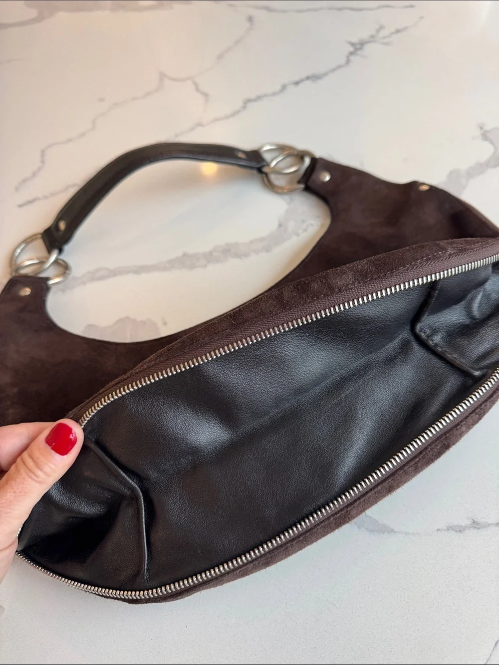 Michael Kors Vintage Brown Suede Hobo Shoulder Bag Expandable Zip Bottom Silver